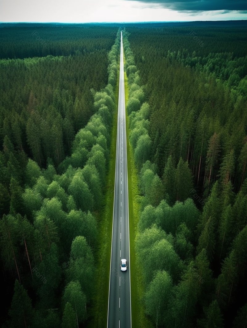 开阔俯拍笔直道路在森林中一辆行驶的车,高清,摄影图,摄影图片,图片大全,摄影图免费下载